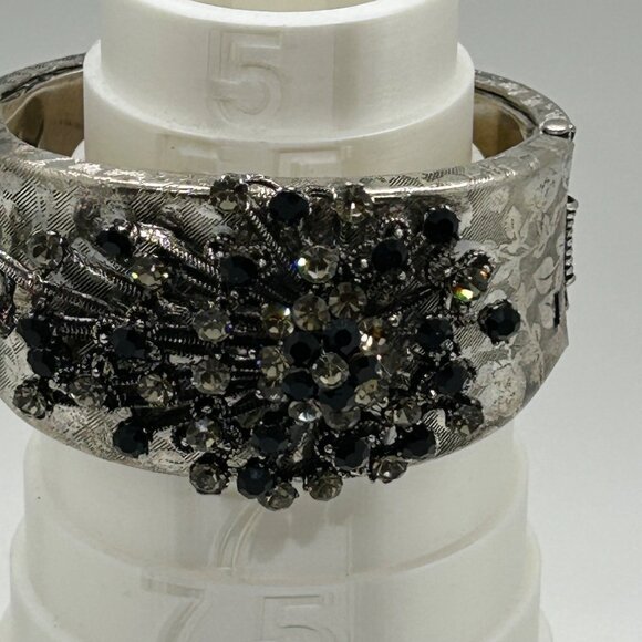 Vintage Black & Smokey Rhinestone Bracelet Hinged Etched Silver-Tone 6.5 Clamper - Picture 16 of 16